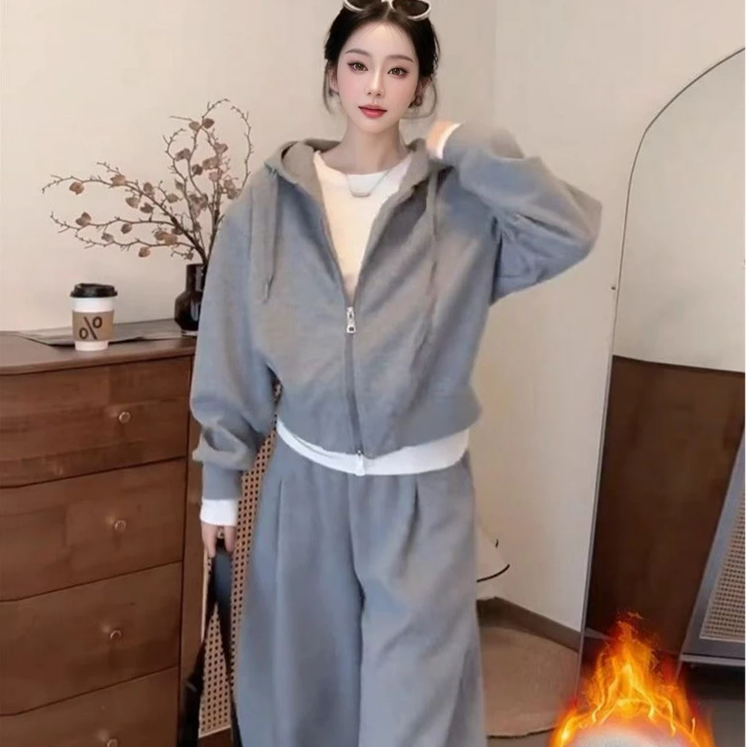 秋冬套装女款小个子加绒加厚短款开衫连帽卫衣保暖休闲裤两件套女