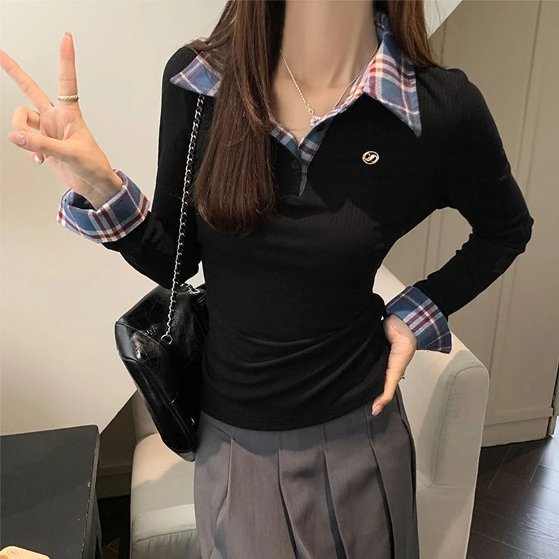 韩系学院风假两件拼接格子polo翻领长袖打底衫秋季新款修身上衣女