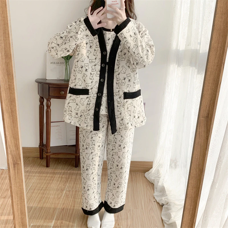 秋冬加厚空气棉月子服宽松大码哺乳期孕晚期保暖三件套家居服3922