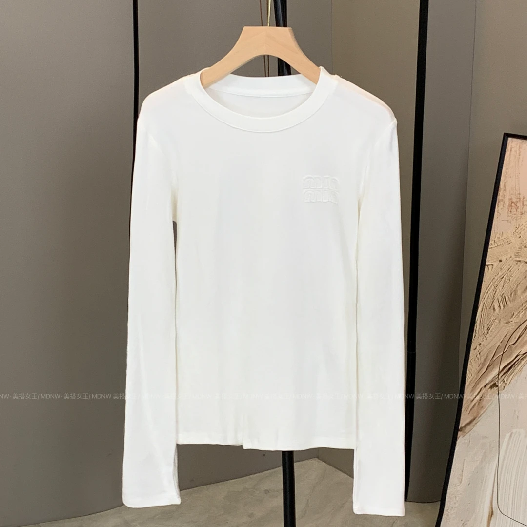 【特价】2024春季设计新款简约纯色时尚白色长袖圆领T恤T1805