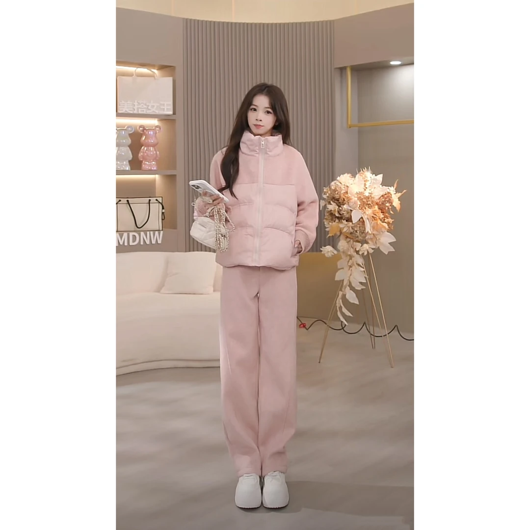 【极简奢品】设计师冬装新款毛呢羽绒外套+毛呢裤子套装YR187