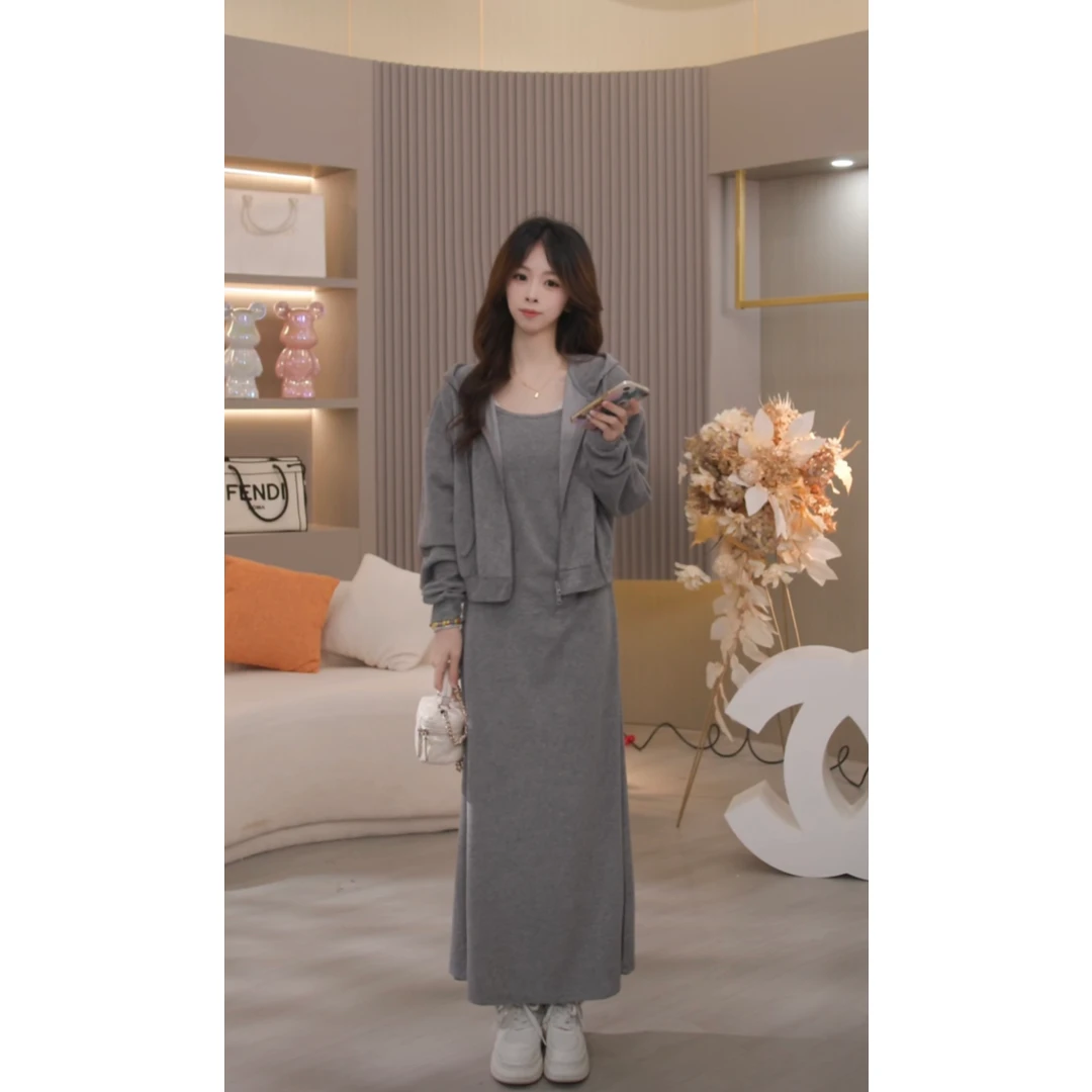 MDNW/美搭女王【1212】宽松连帽卫衣打皱吊带连衣裙套装TZ1807