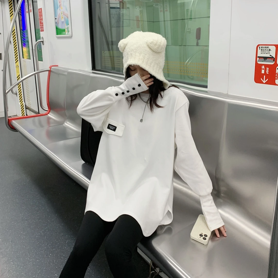 【百搭T恤】秋冬时尚白色T恤女拼接打底宽松圆领内搭T1798打底衫