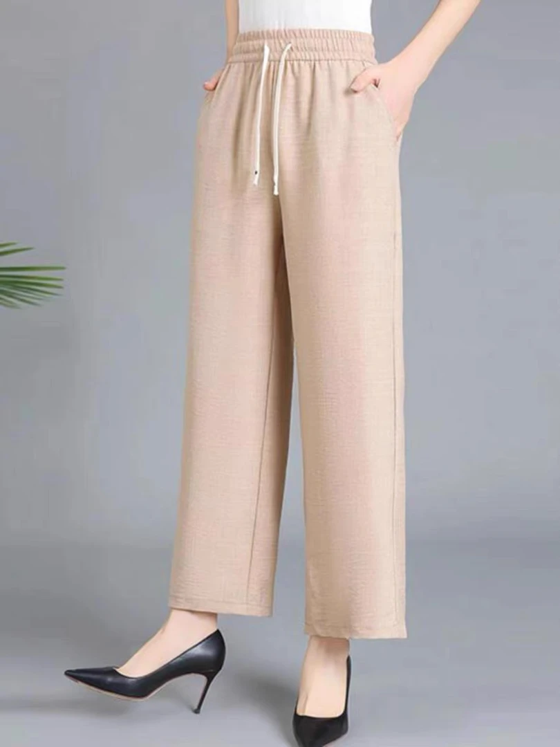 新款中老年妈妈装裤子夏季薄款宽松显瘦松紧腰高腰休闲九分直筒裤