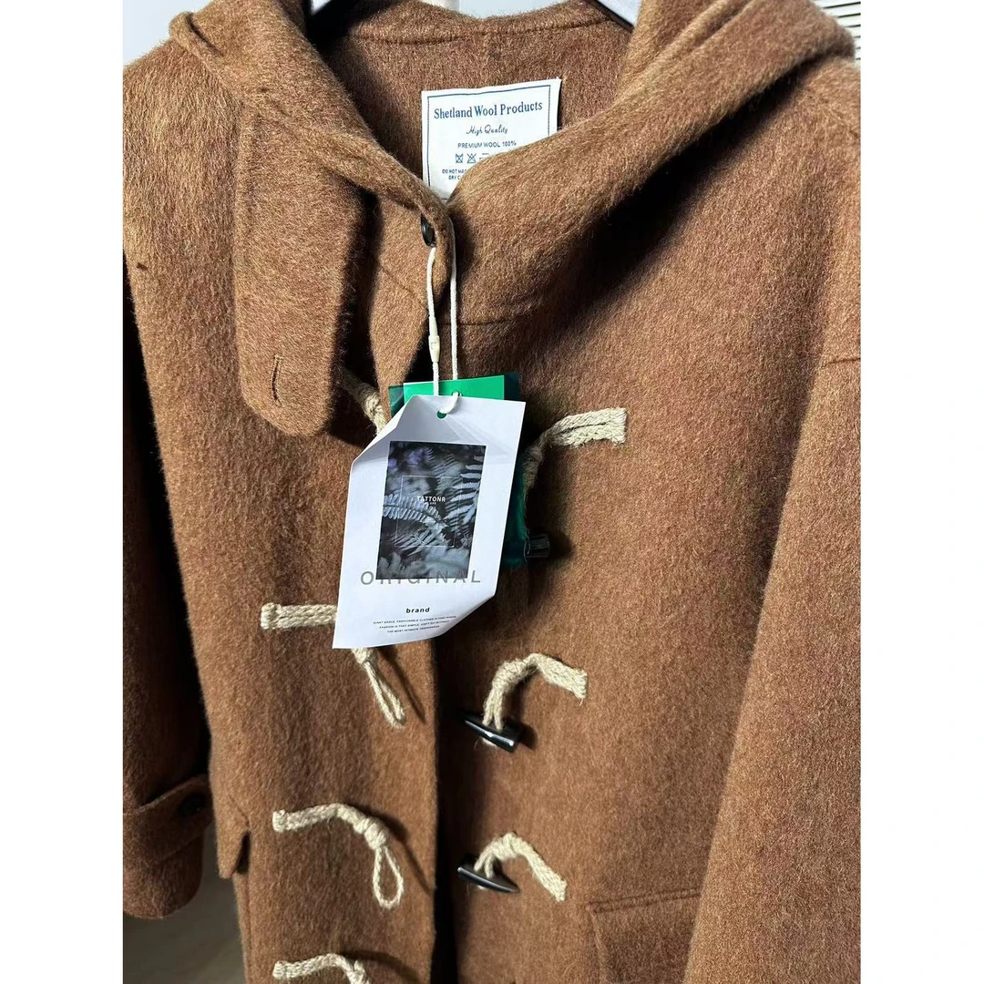 在韩-棕色牛角扣双面羊毛大衣外套