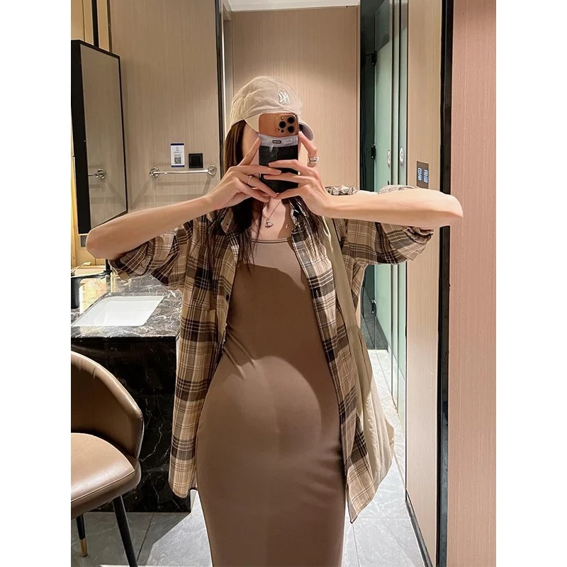 金色的茧冰凉透气夏季孕妇衬衫显瘦宽松高级感格子纹防晒小外套格