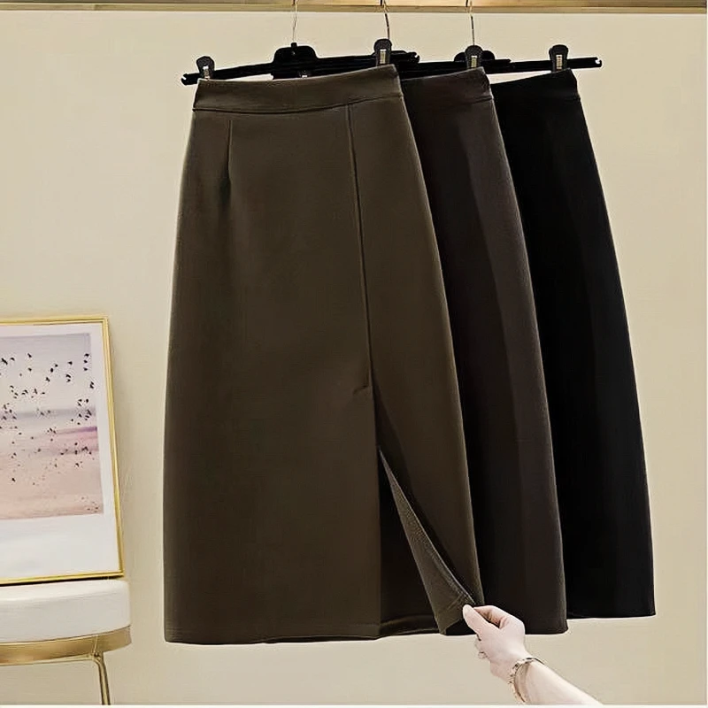 时尚开叉半身毛呢裙秋冬韩版高腰A字气质百搭中长款显瘦半身裙子