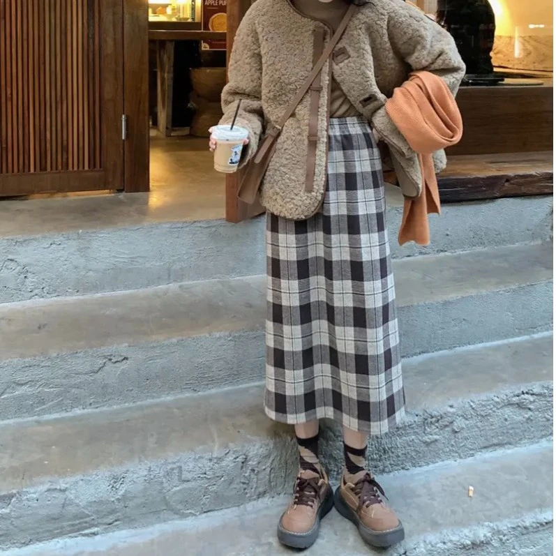 复古格子半身毛呢裙秋冬季高腰时尚百搭韩版学生中长款显瘦半身裙