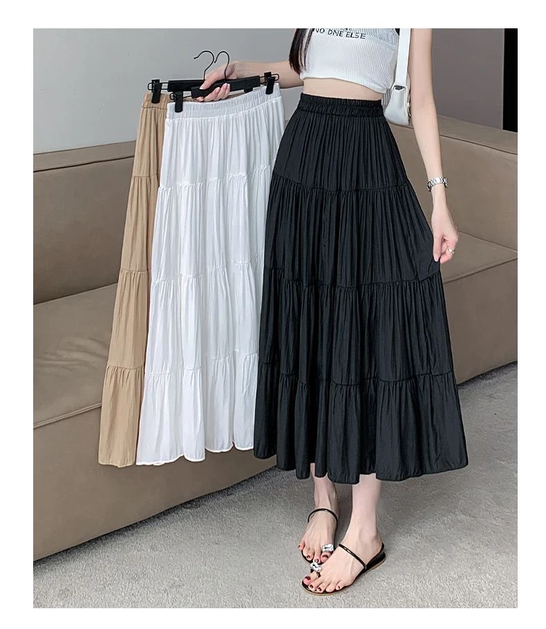 夏季白色法式半身裙新款高腰蛋糕长裙休闲百褶裙大摆裙显瘦a字裙