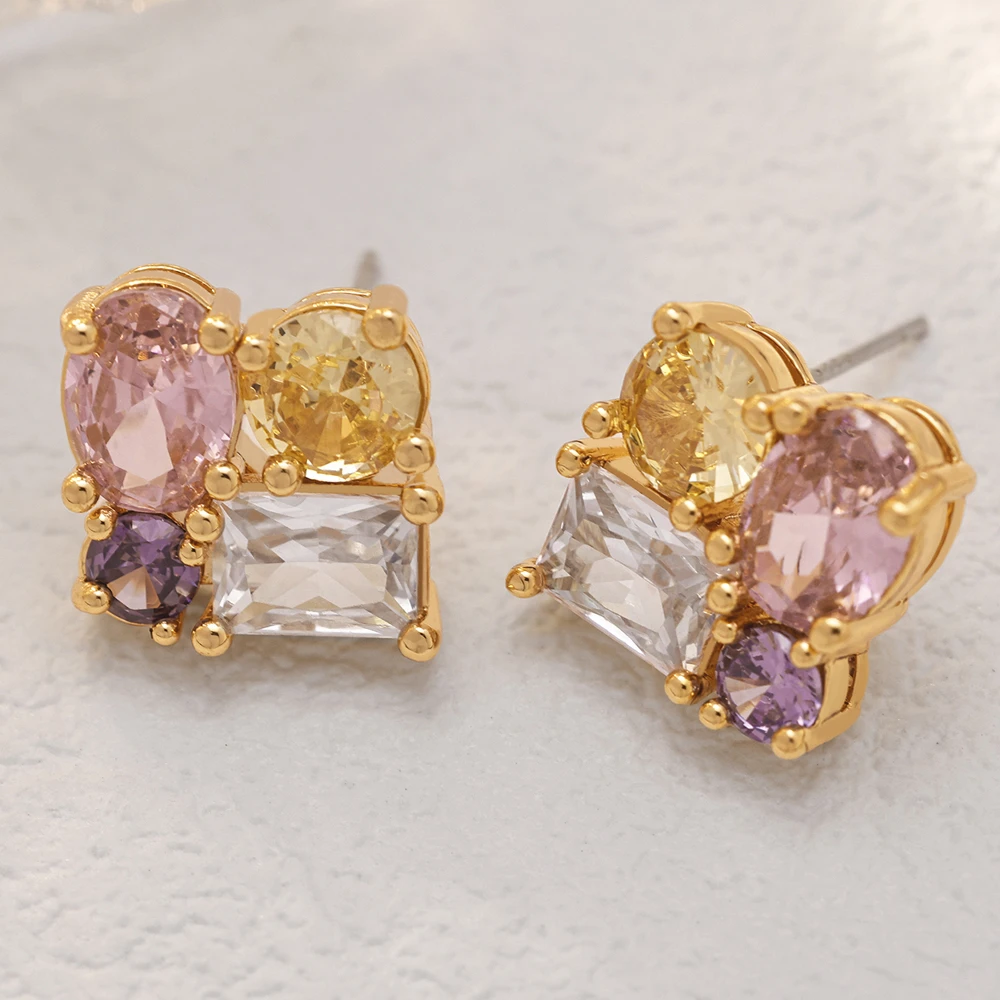 铜合金合成锆石耳饰 镀18k金「梦境」彩色耳钉时尚轻奢高端气质千金