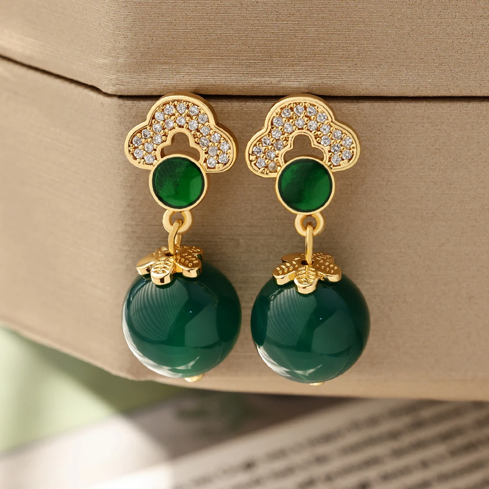 铜合金珐琅耳饰 镀18K金「云摇」绿色耳坠中国风气质轻奢复古风耳钉