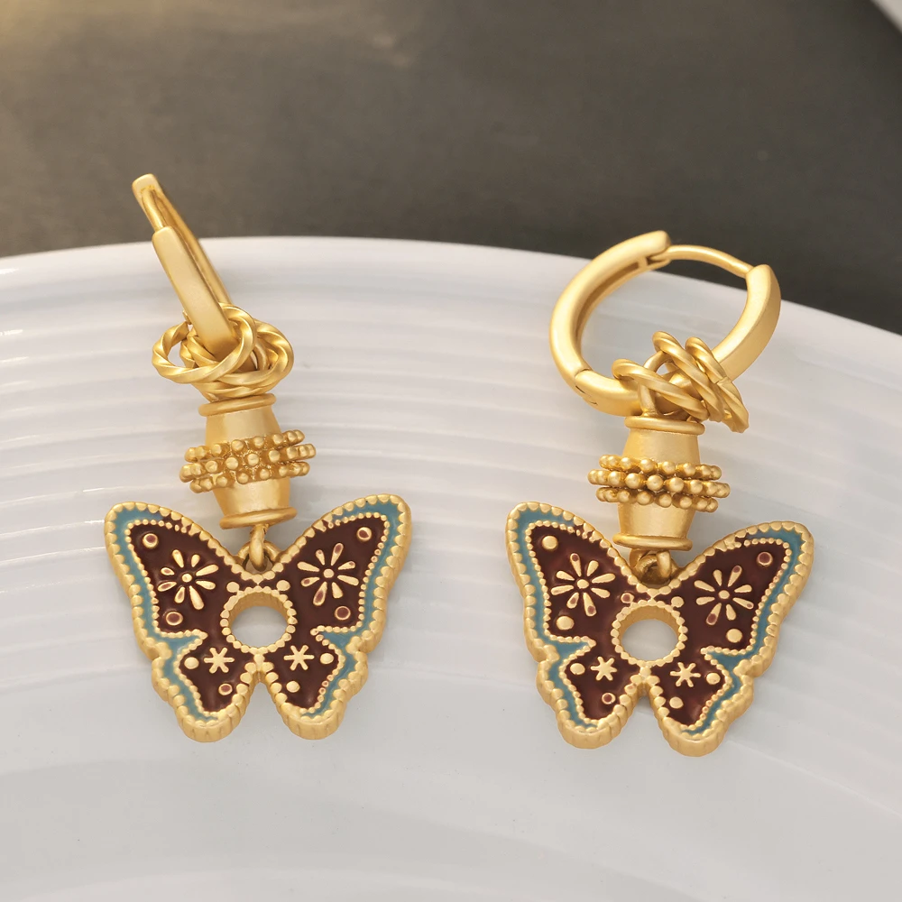 铜合金珐琅耳饰 镀18K金「蝶恋花」耳圈宫廷中国风潮流复古耳环高档