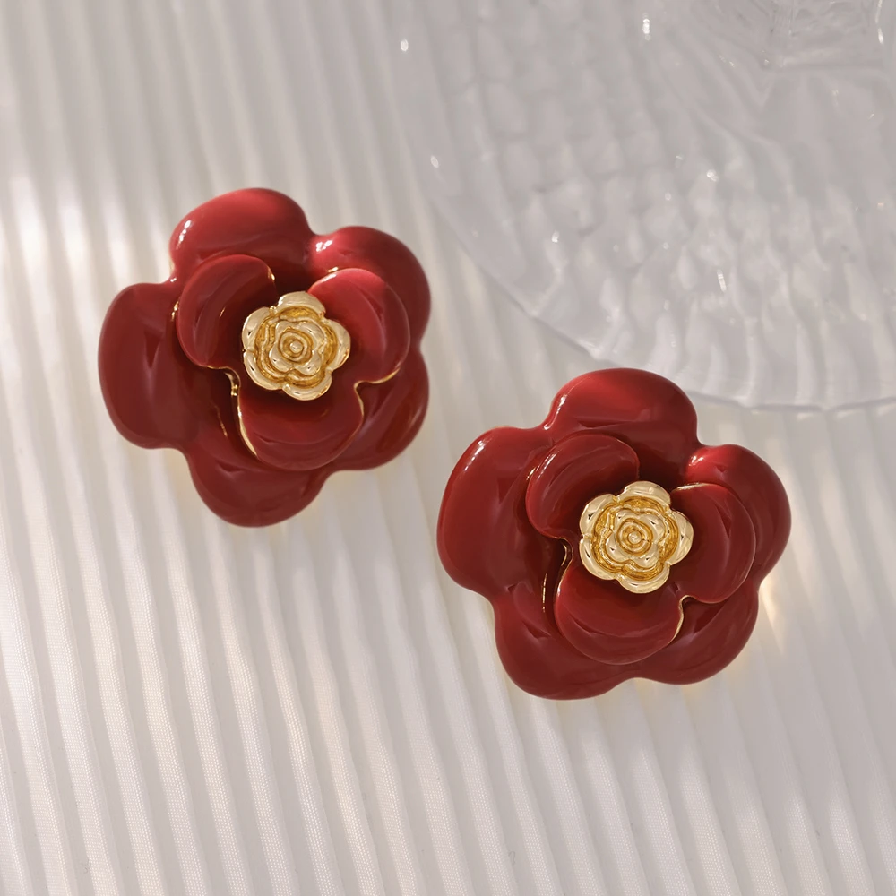 铜合金珐琅耳饰 镀18K金「热烈」红色耳钉时尚复古港风中古日常耳环