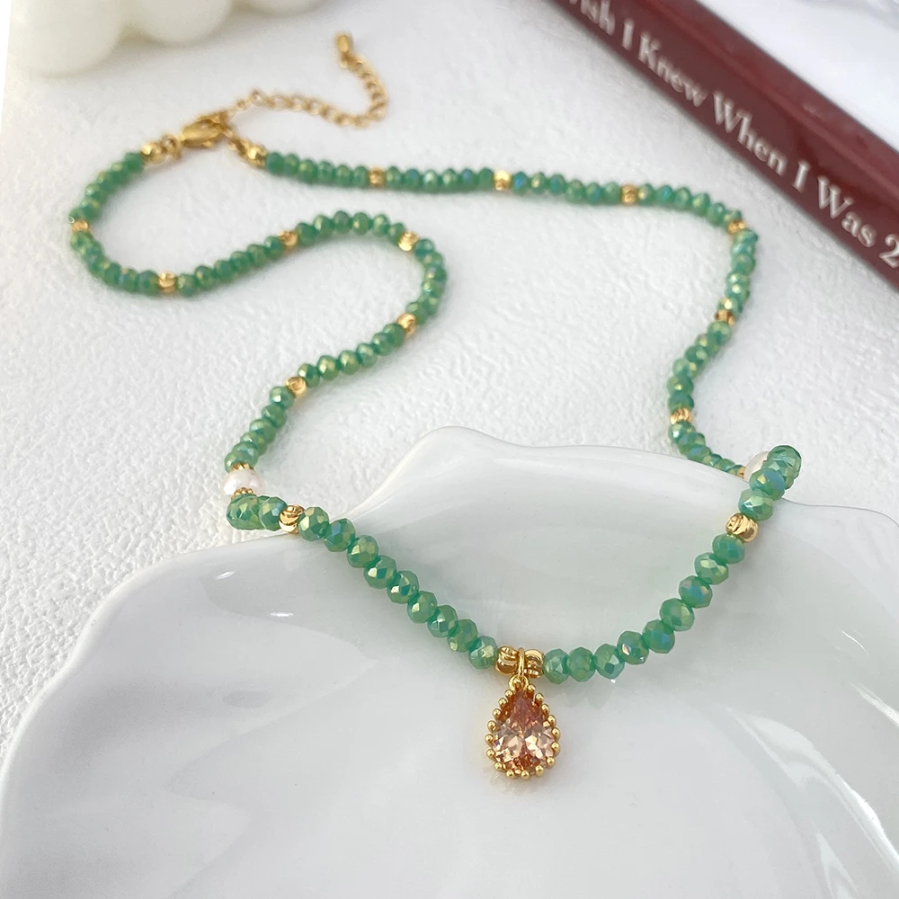 铜合金项链 镀18K金「花田里」绿色串珠项链时尚轻奢少女仙女风森系
