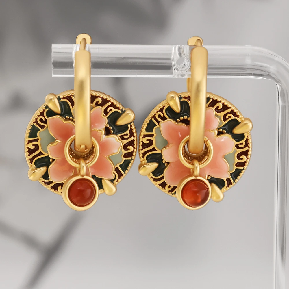 铜合金珐琅耳饰 镀18K金「牡丹」耳扣中国风气质耳环复古新中式