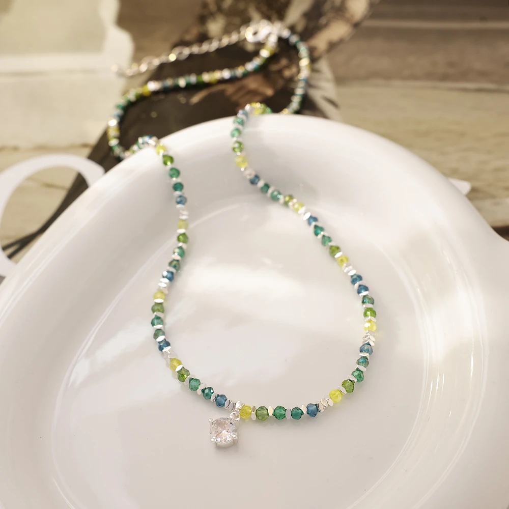 铜合金玻璃项链 「森林」蓝绿色项链 气质休闲风森系小清新少女时尚