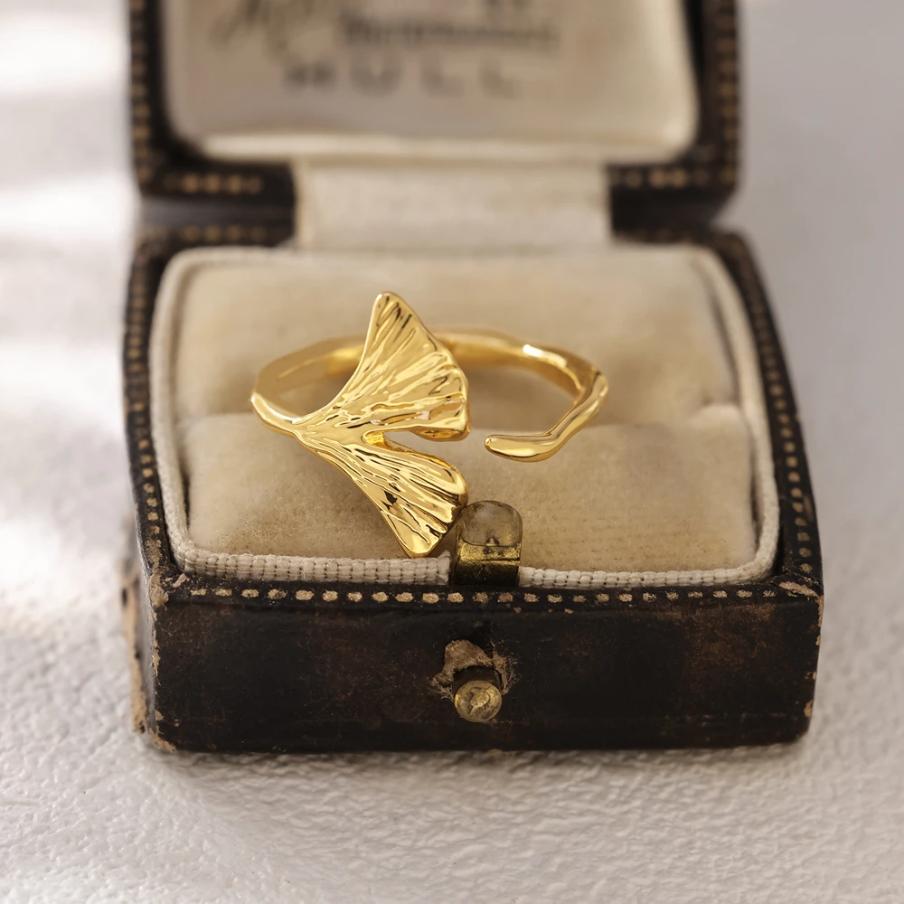 铜合金戒指 镀18K金「银杏叶」可调节戒指气质时尚个性素款精致森系