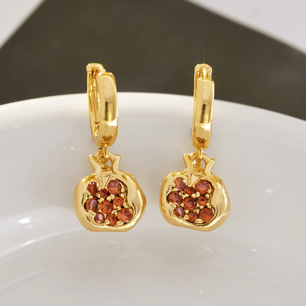 铜合金合成锆石耳饰 镀18K金「石榴 」耳坠 轻奢时尚小众高级感耳环