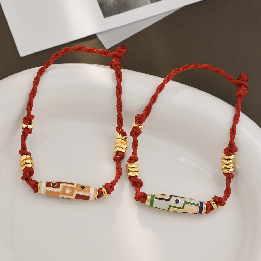 铜合金珐琅手链 镀18K金红绳手链中式国潮气质百搭节日编织可调节