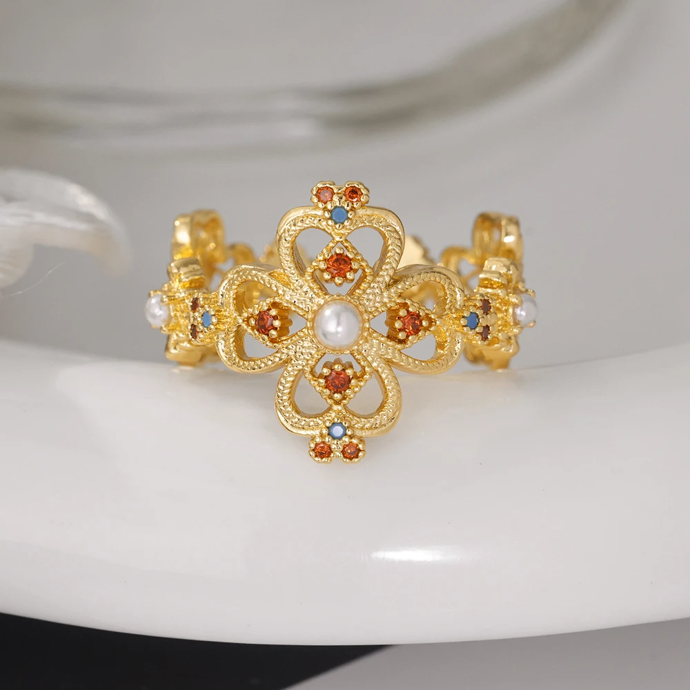 铜合金仿珍珠戒指 「开花沼泽」戒指 气质轻奢时尚重工复古宫廷国风