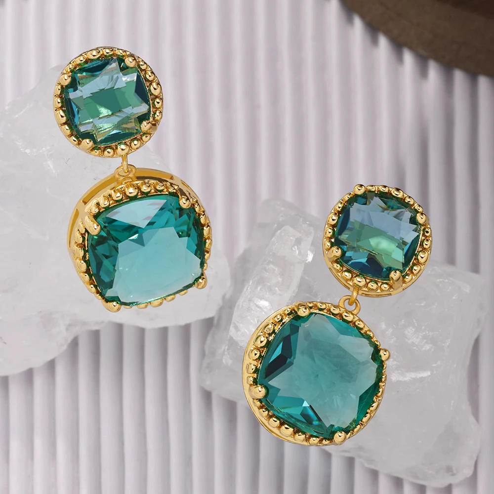 铜合金玻璃耳饰 镀18K金「蓝碧海」耳坠气质轻奢高端中复古宫廷耳钉