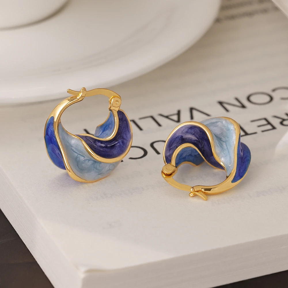 铜合金珐琅耳饰 镀18K金「蓝色旋涡 」滴釉耳环 气质复古法式设计感