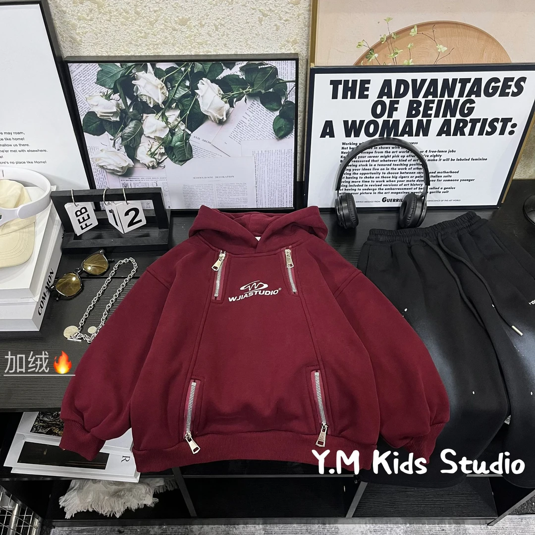【Y.M KIDS】【加绒】儿童冬季新款加绒连帽卫衣小众设计款拉链上衣