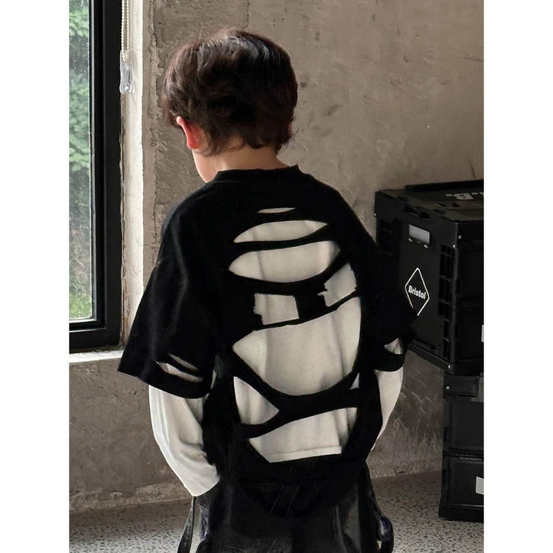 Y.M KIDS【破洞设计】儿童假两件上衣宝宝黑白拼接时尚韩版男童T恤