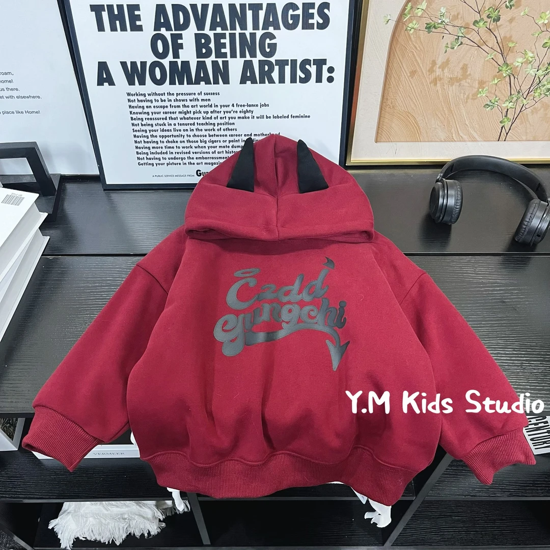 Y.M KIDS【加绒】儿童冬装卫衣新款小恶魔加绒一体绒连帽上衣