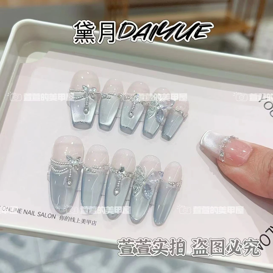 纯手工光疗美甲果冻贴片蓝海蝶假指甲成品穿戴甲美白简约