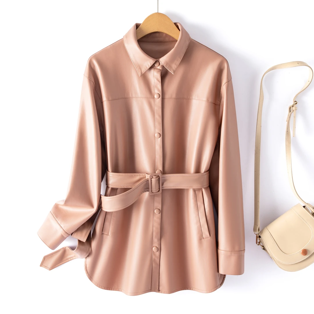 【海宁皮衣】系腰带中长款新款复古秋冬皮衣外套7719