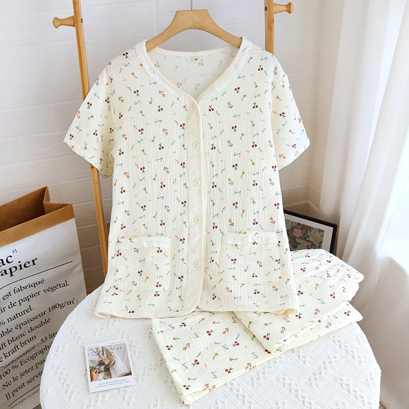 绵软水洗纯棉绉纱布小樱桃文艺睡衣女春秋长袖长裤套装V领花边