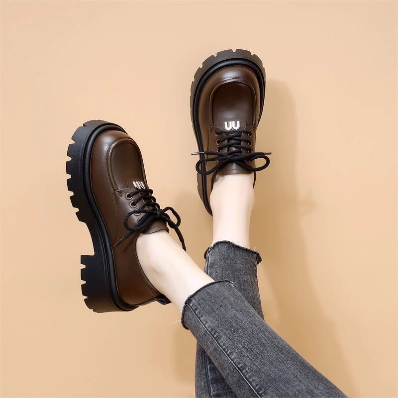 小皮鞋2024春季新款学院风厚底单鞋系带黑色松糕圆头百搭乐福鞋女