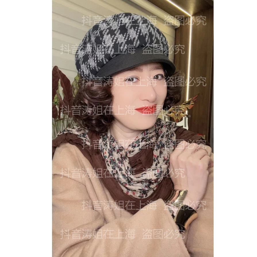 【涛姐专属】假发一体格子八角帽秋冬款短假发翻翘式假发帽子短帽檐