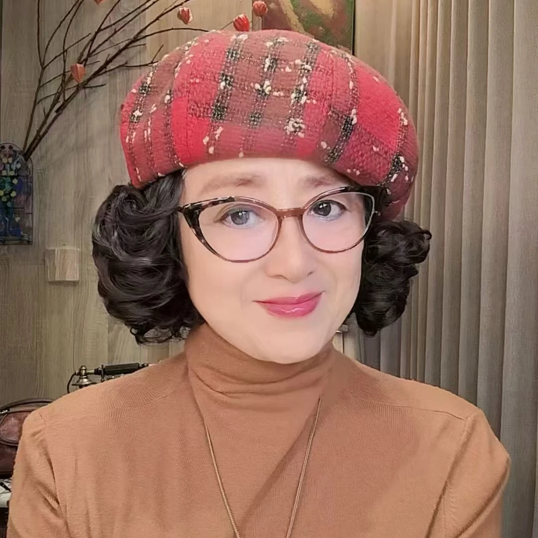 【涛姐专属】假发一体格呢贝雷帽时尚百搭仿真发丝假发妈妈帽子高级