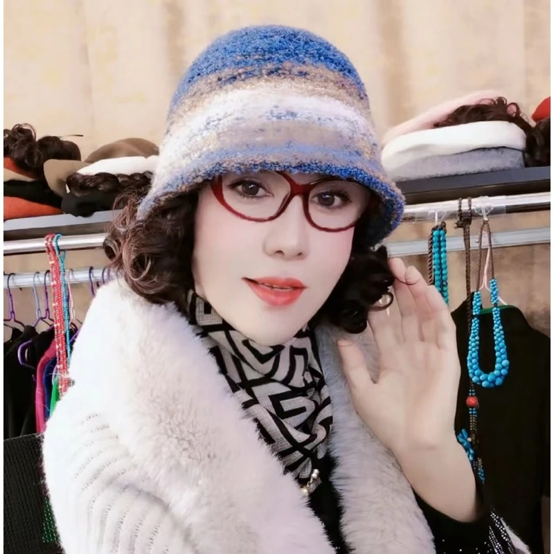 假发一体盆帽条纹盆帽百搭假发帽子秋冬新款妈妈编织礼帽时尚保暖