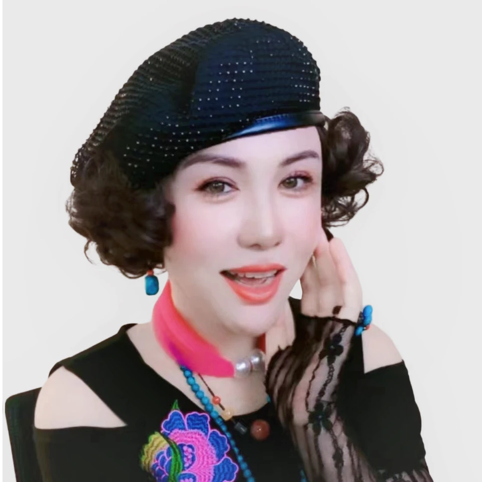 新款轻奢法式高端珠钻网纱贝雷帽子女重工设计甜酷拼接皮沿画家帽