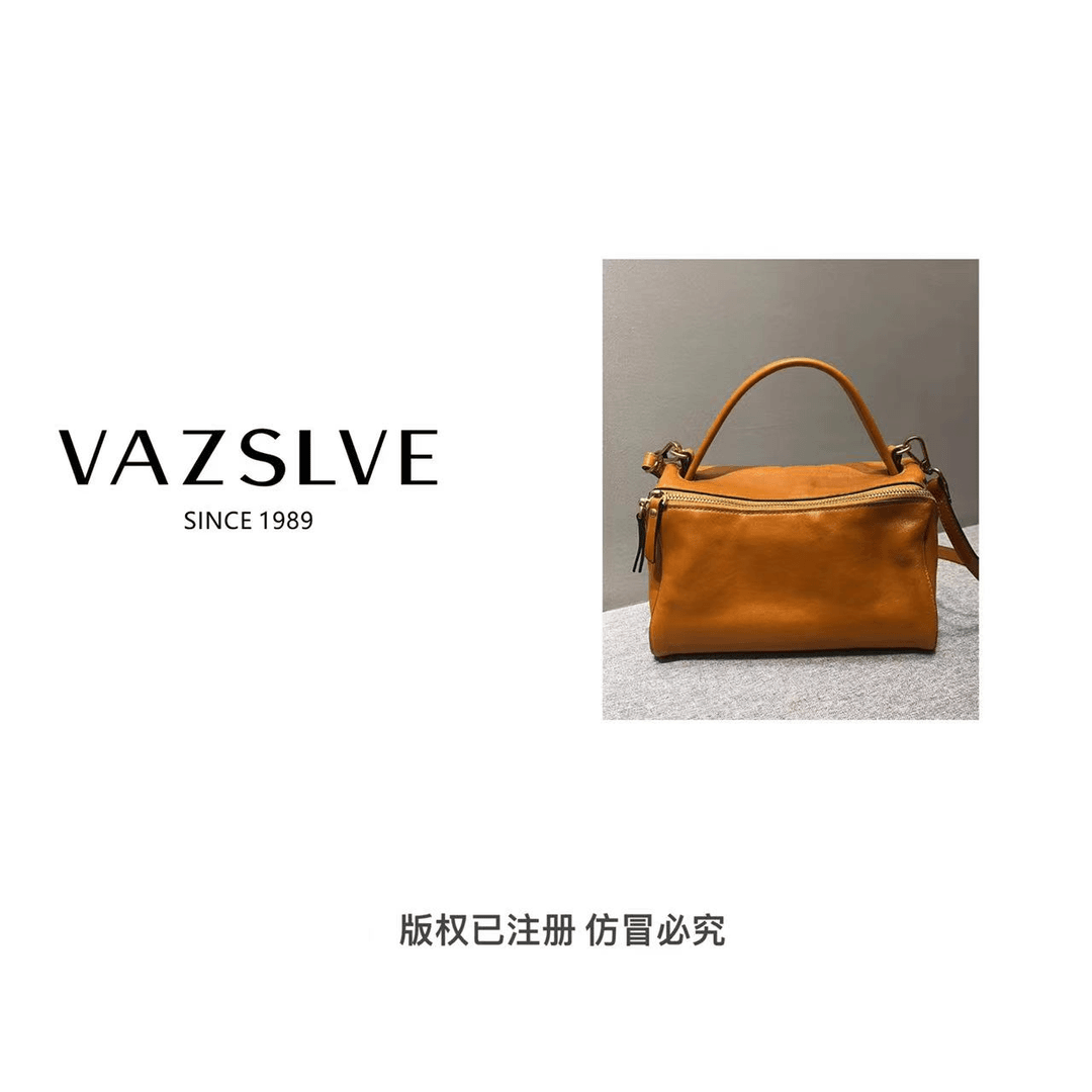 VAZSLVE/春夏新款复古真皮轻奢手提包#C2015-棕色
