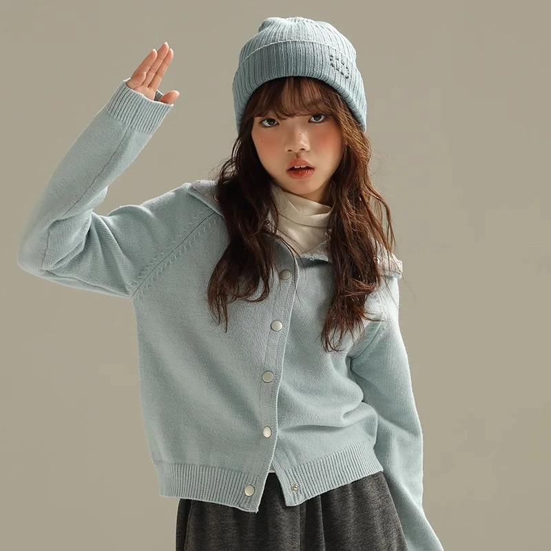 小女森女童春秋毛衣针织衫中大童翻领开衫儿童软糯慵懒毛衣潮百搭