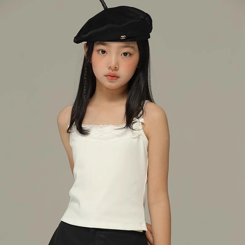 小女森女童夏季蝴蝶结吊带内搭中大童修身甜美百搭短款背心上衣女