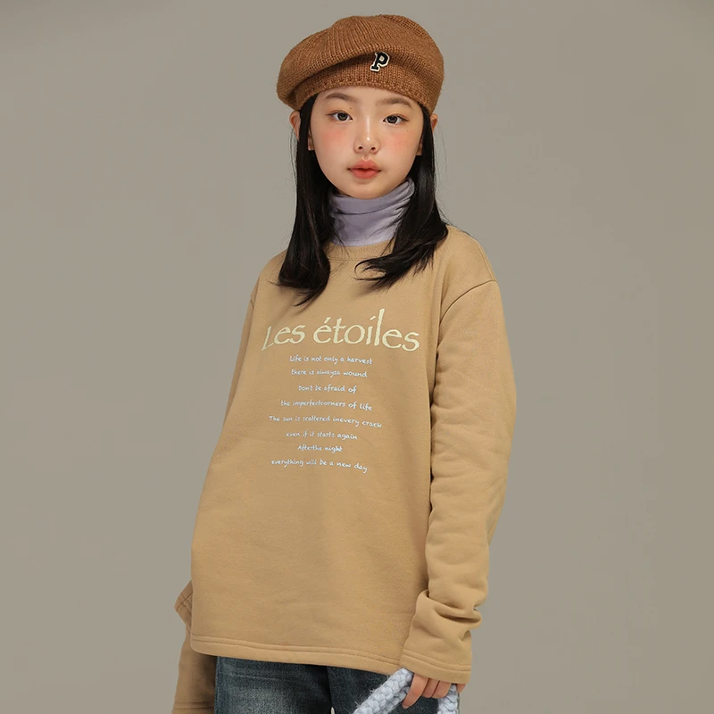 小女森女童秋冬国潮印花加绒卫衣中大童圆领套头内搭打底衫上衣