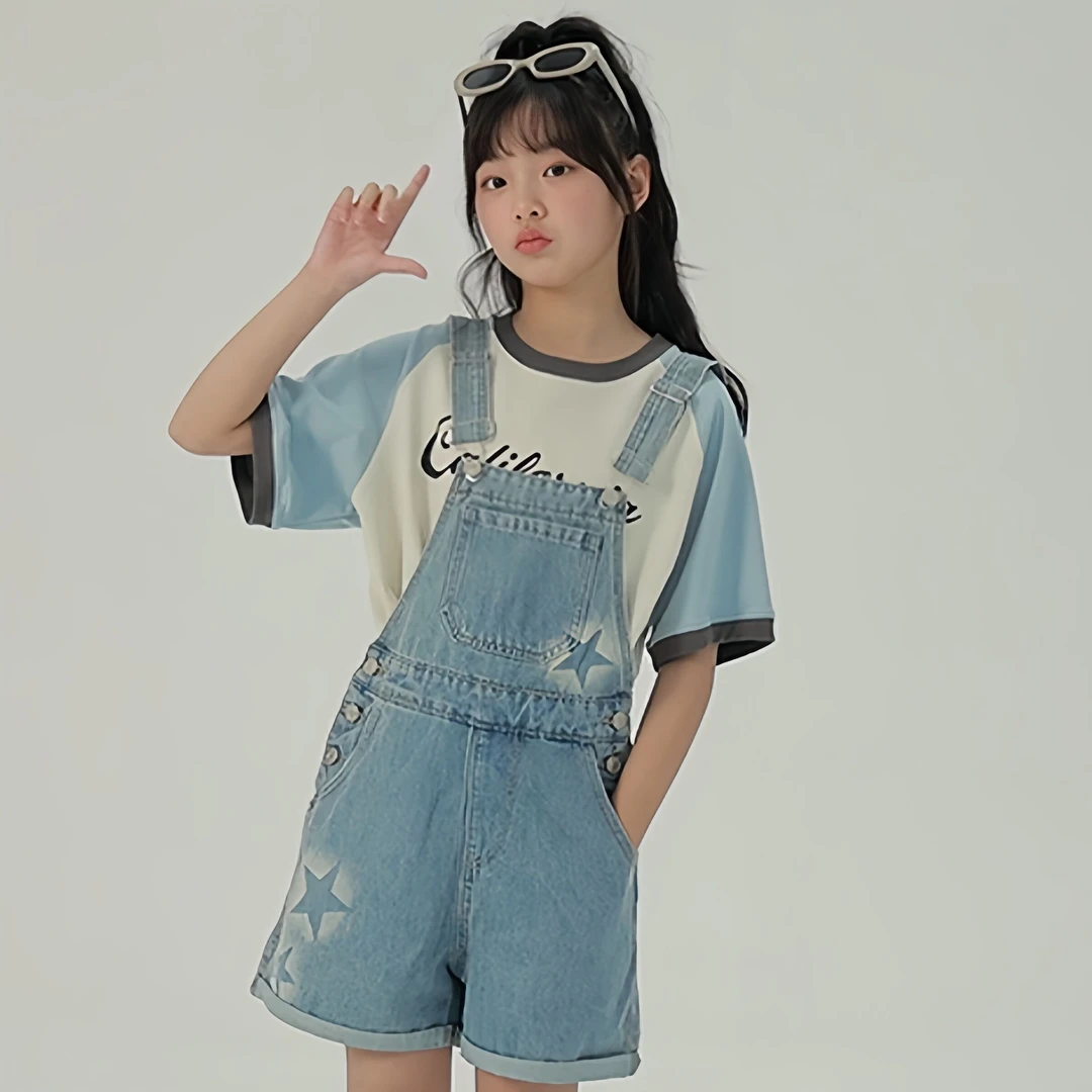 小女森女童夏季背带裤薄款牛仔裤儿童高街复古宽松休闲外穿直筒裤