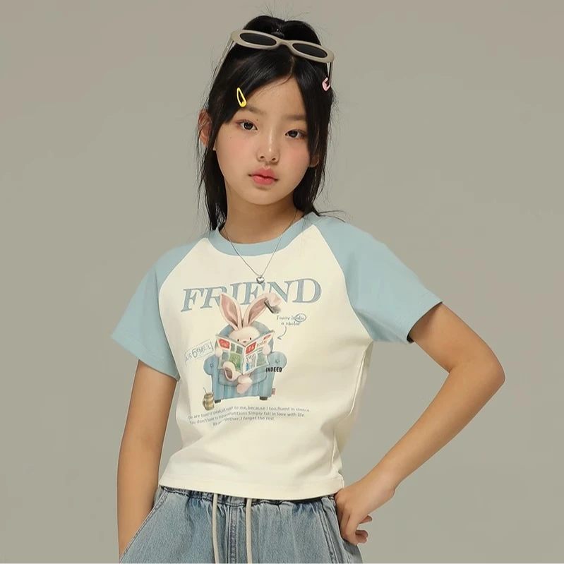 小女森女童夏季薄款美式复古卡通印花短袖儿童撞色插肩袖显瘦上衣