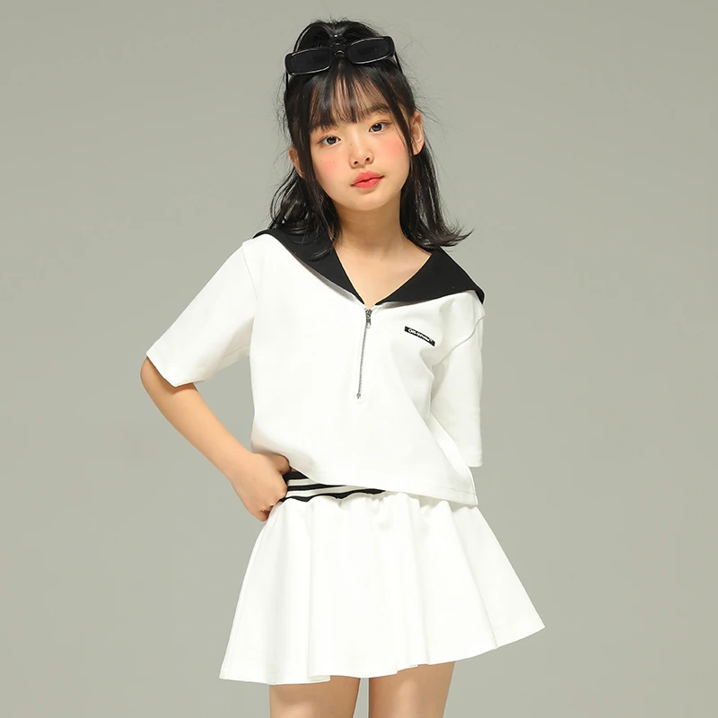 小女森女童夏季短袖套装童装新款中大童海军风洋气百褶裙两件套