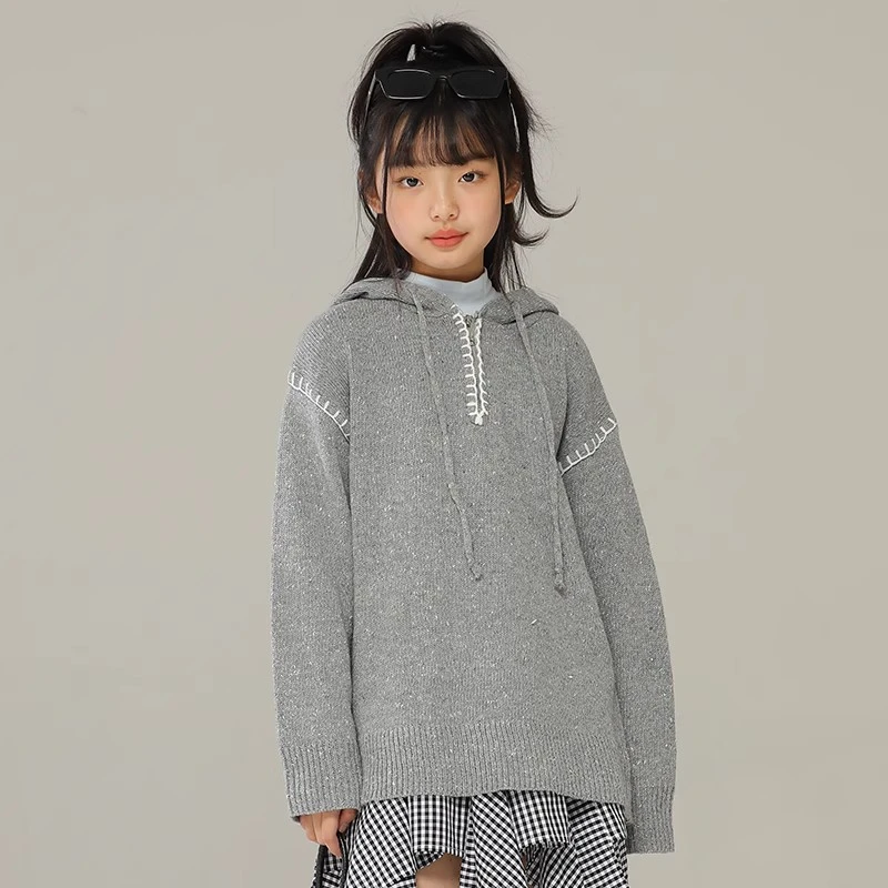 小女森女童春秋设计感手工勾线长款针织衫儿童慵懒风撞色宽松毛衣