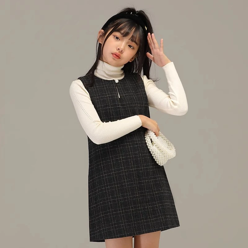 小女森女童秋冬法式格纹小香风连衣裙儿童甜美收腰加厚背心裙子女