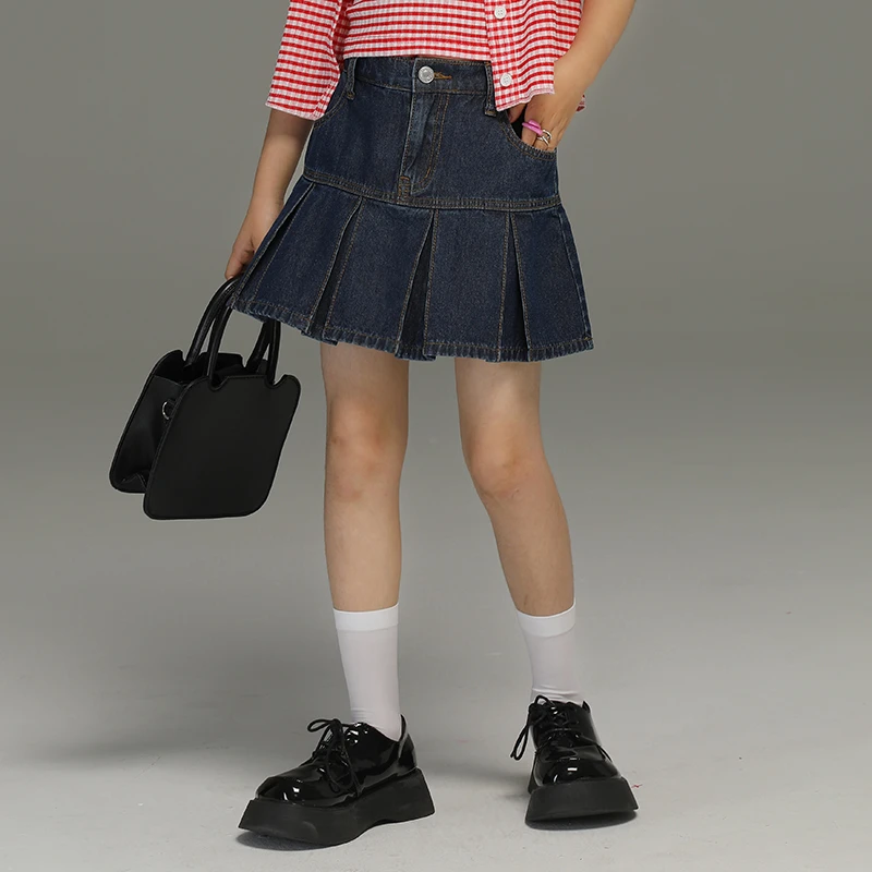 小女森女童夏天短裙薄款高腰百褶裙牛仔裙儿童甜辣风假两件裙裤