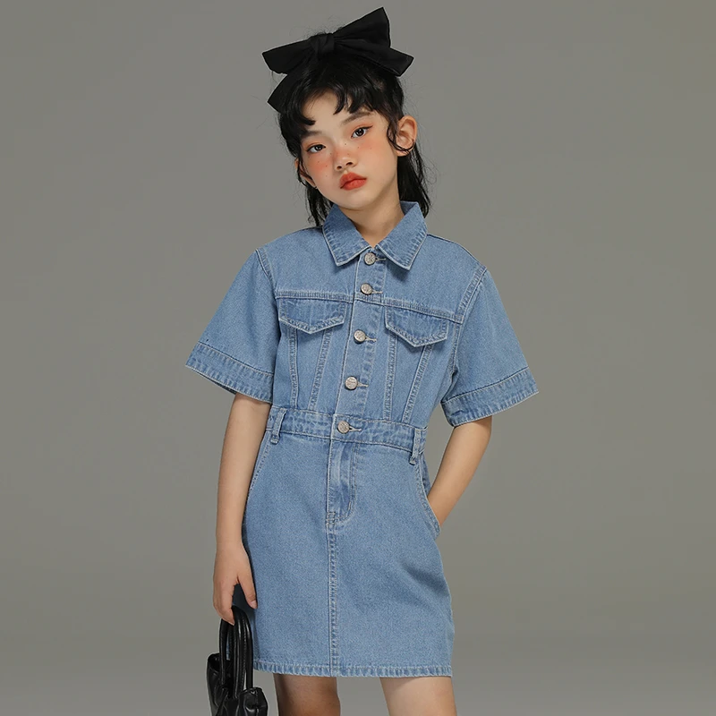 小女森女童夏装薄款牛仔连衣裙儿童洋气时髦裙子中大童短袖牛仔裙