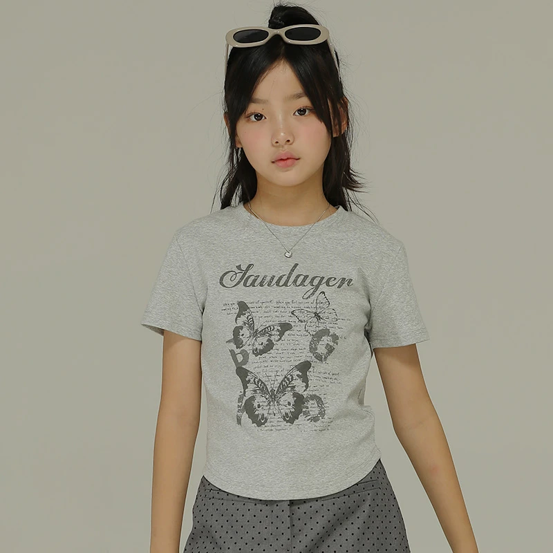 小女森女童夏季薄款蝴蝶复古印花短袖T恤中大童修身显瘦短款上衣