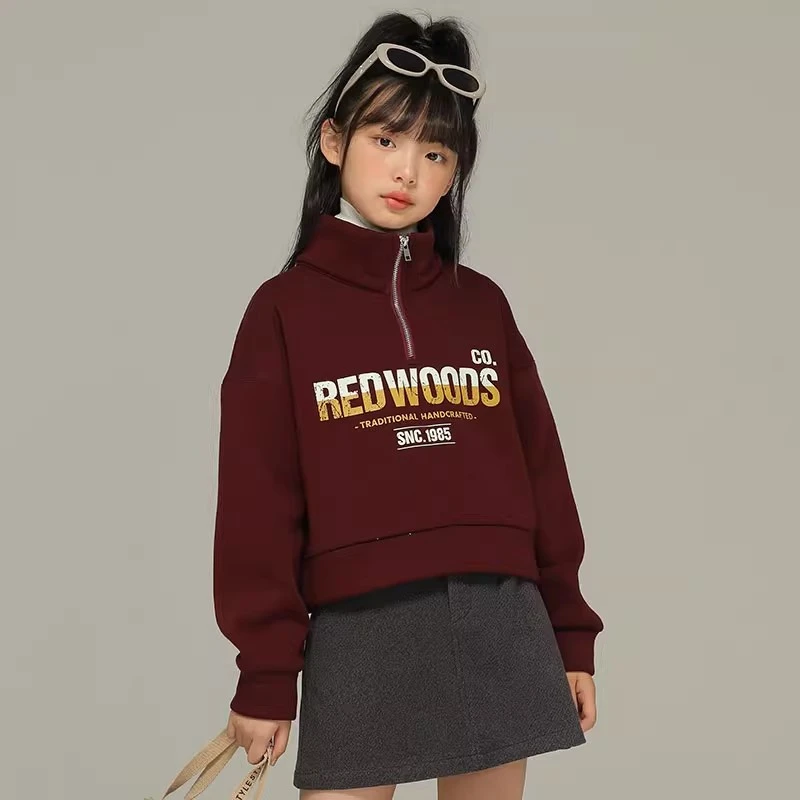 小女森女童秋冬英文复古高领短卫衣中大童半拉链加绒百搭宽松上衣